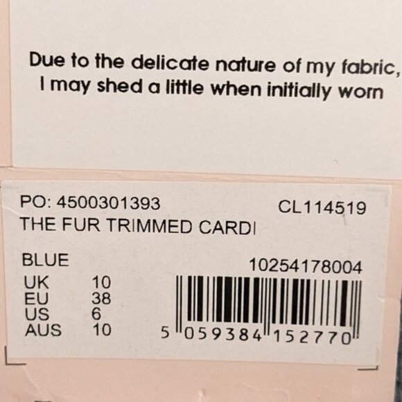 Women's MISSGUIDED, Short Cropped Blue Button Cardigan Sweater, Faux Fur; Size 6 - Picture 4 of 5